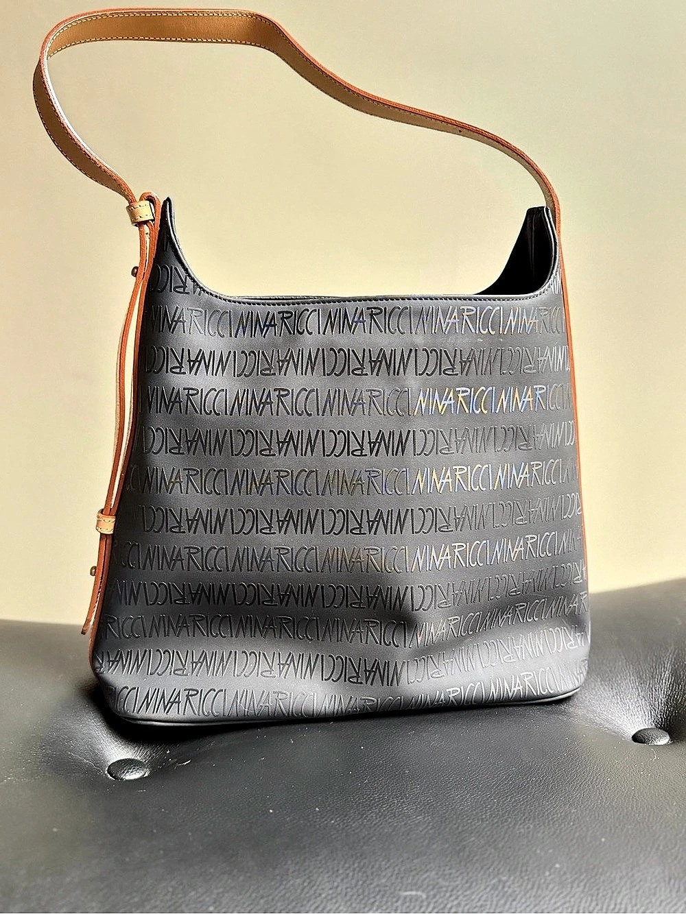 Nina Ricci Vintage Monogram Nylon Shoulder Bag with Leather Trim EUC